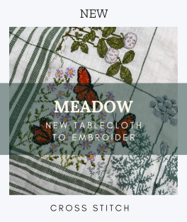 Meadow Tablecloth. Counted cross stitch embroidery kit on even-weave linen. Le Bonheur des Dames n° 6041